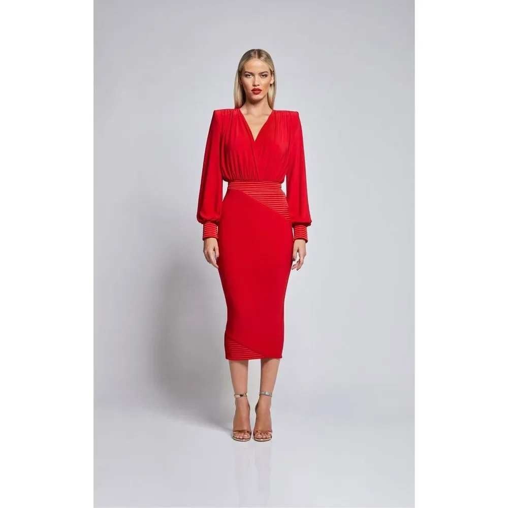 Zhivago Red Lover Man Midi Dress V-Neck Open Back Padded Shoulders Size US 10